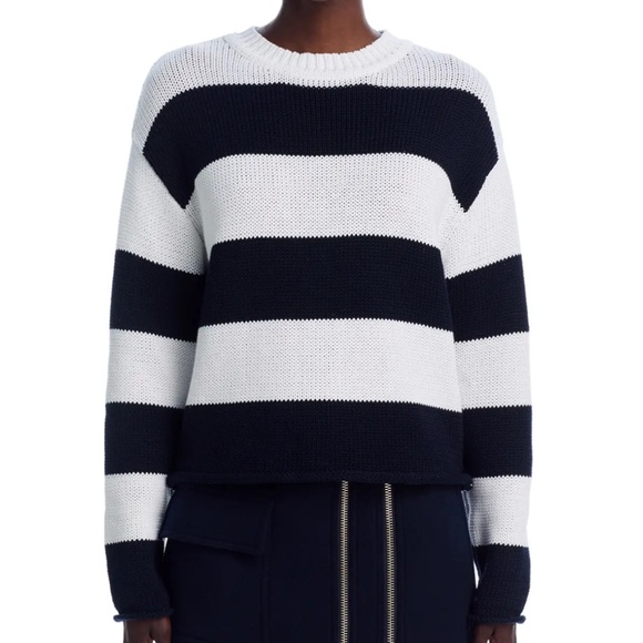 AQUA Drop Shoulder Cotton Striped Sweater – White/Black, Small - Picture 7 of 8